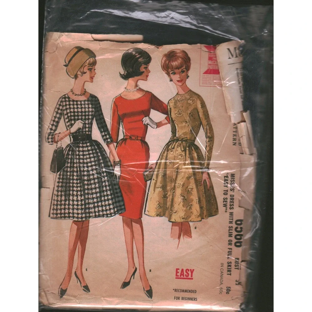 Vintage 1962 McCalls 6566 Sewing Pattern Misses Dress Slim Full Skirt Size 12